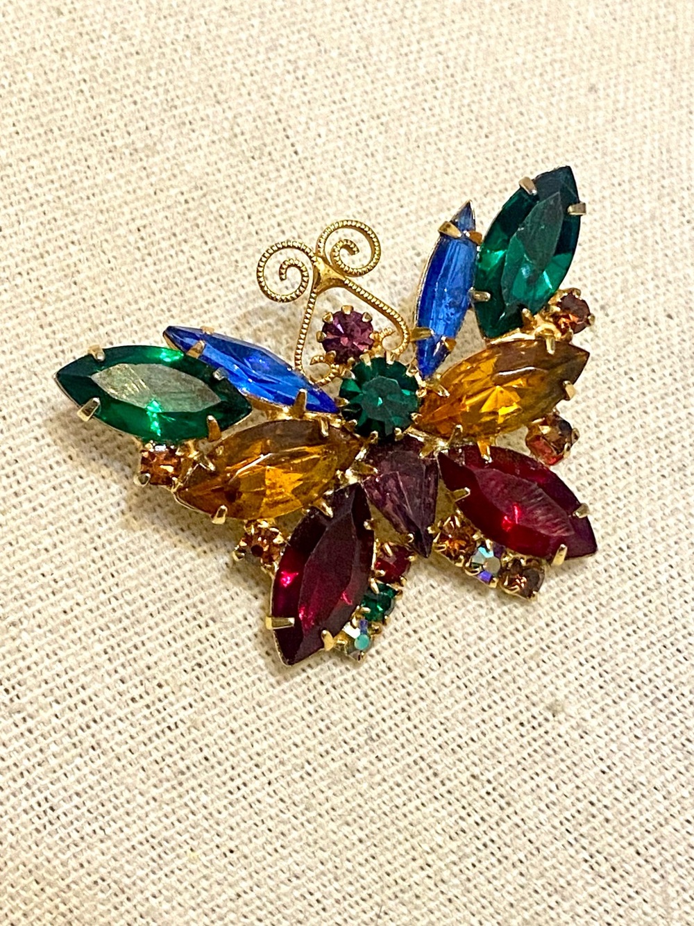 Vintage Multi Color Rhinestone Butterfly Brooch